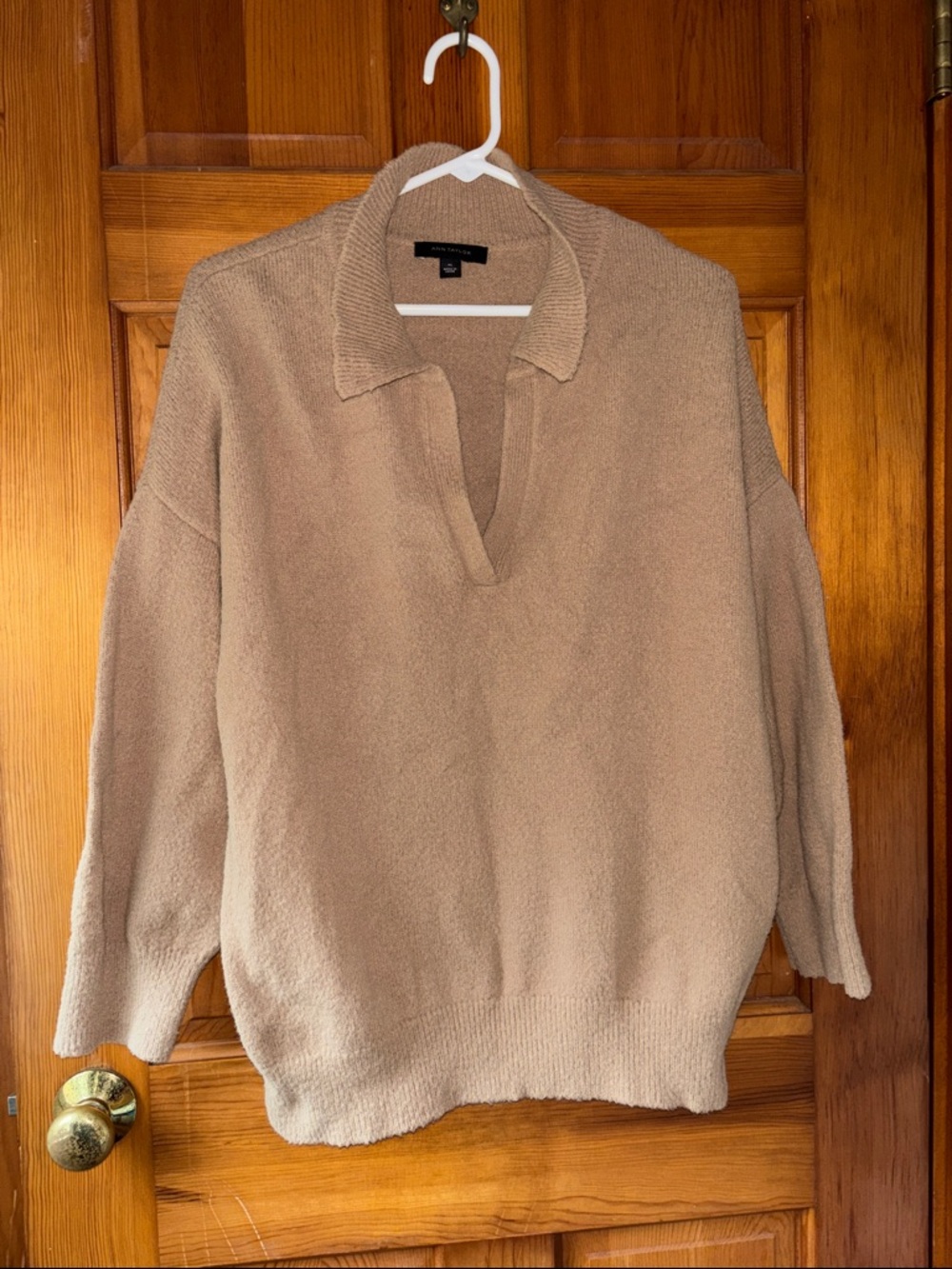 AnnTaylor Oversized Women's Collared V-neck Sweater in Beige